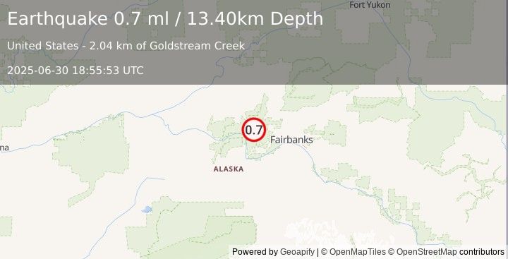 Earthquake 29 km SE of Minto, Alaska (0.7 ml) (2025-06-30 18:55:53 UTC)