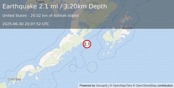 Earthquake 96 km SE of Ugashik, Alaska (2.1 ml) (2025-06-30 20:07:52 UTC)