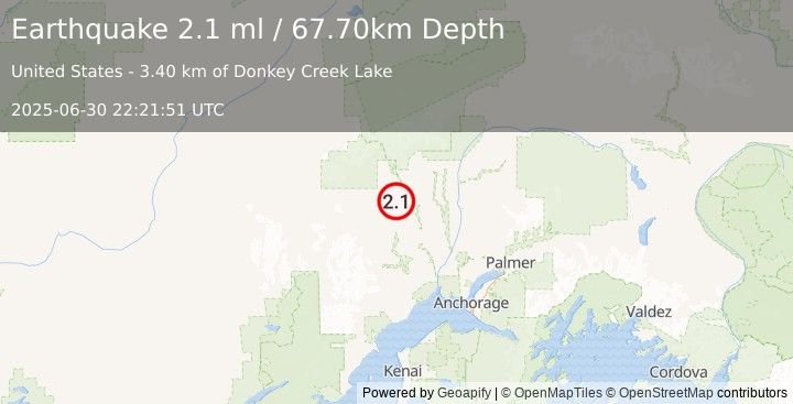 Earthquake 19 km N of Skwentna, Alaska (2.1 ml) (2025-06-30 22:21:51 UTC)
