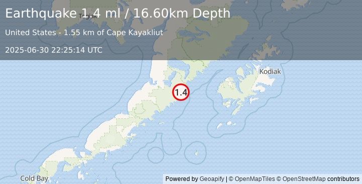 Earthquake 70 km ESE of Ugashik, Alaska (1.4 ml) (2025-06-30 22:25:14 UTC)
