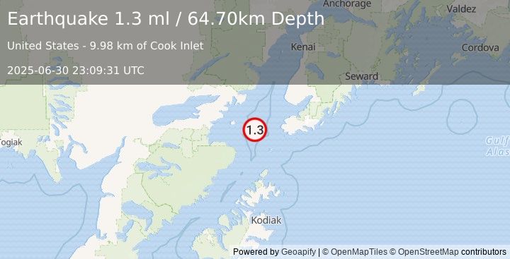 Earthquake 48 km WSW of Nanwalek, Alaska (1.3 ml) (2025-06-30 23:09:31 UTC)