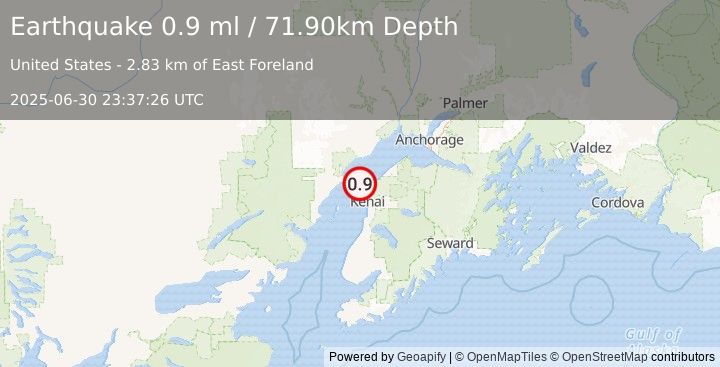 Earthquake 9 km NW of Nikiski, Alaska (0.9 ml) (2025-06-30 23:37:26 UTC)