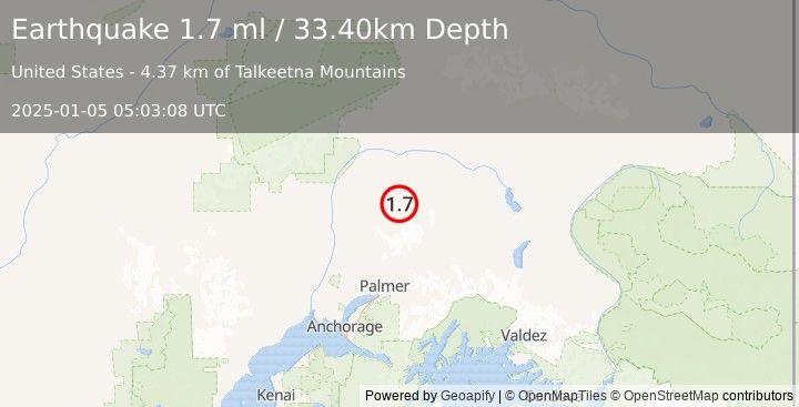 Earthquake 58 km ENE of Susitna North, Alaska (1.7 ml) (2025-01-05 05:03:08 UTC)