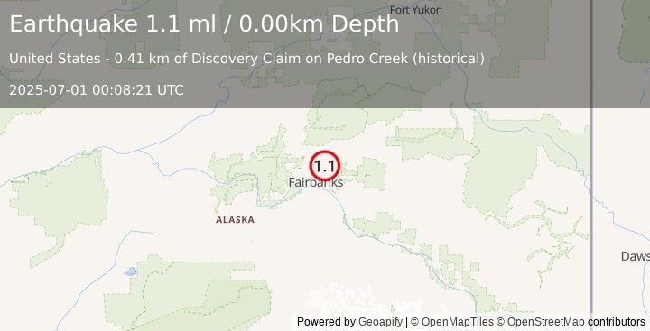 Earthquake 8 km NE of Fox, Alaska (1.1 ml) (2025-07-01 00:08:21 UTC)
