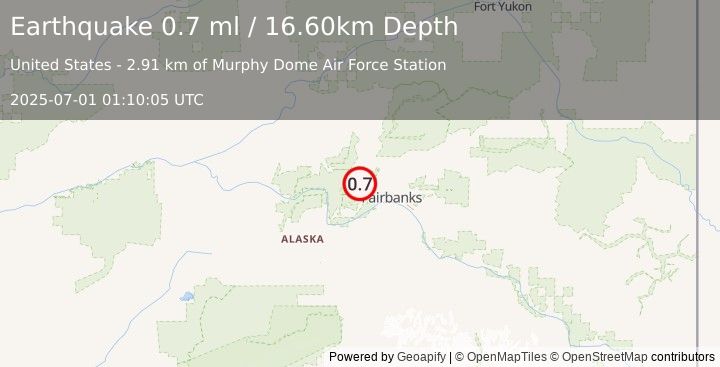 Earthquake 22 km NW of Ester, Alaska (0.7 ml) (2025-07-01 01:10:05 UTC)