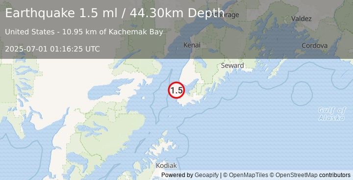 Earthquake 17 km NW of Seldovia, Alaska (1.5 ml) (2025-07-01 01:16:25 UTC)