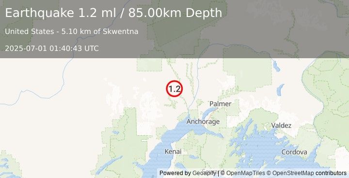 Earthquake 13 km SE of Skwentna, Alaska (1.2 ml) (2025-07-01 01:40:43 UTC)