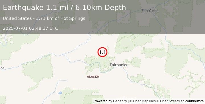 Earthquake 22 km ENE of Minto, Alaska (1.1 ml) (2025-07-01 02:48:37 UTC)