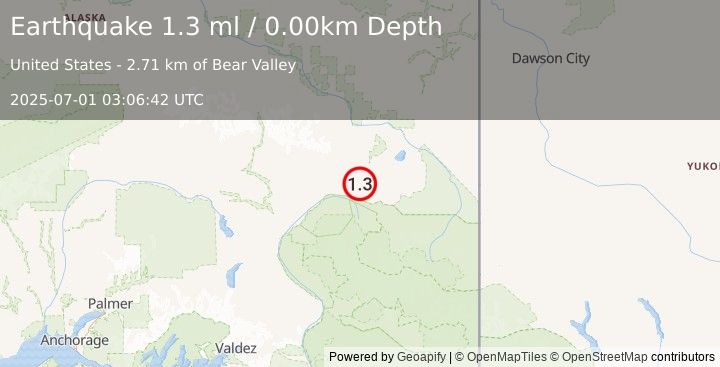 Earthquake 12 km SE of Mentasta Lake, Alaska (1.3 ml) (2025-07-01 03:06:42 UTC)
