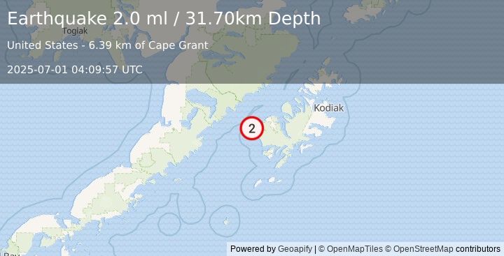 Earthquake 25 km WSW of Karluk, Alaska (2.0 ml) (2025-07-01 04:09:57 UTC)