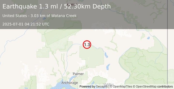 Earthquake 69 km SSE of Cantwell, Alaska (1.3 ml) (2025-07-01 04:21:52 UTC)