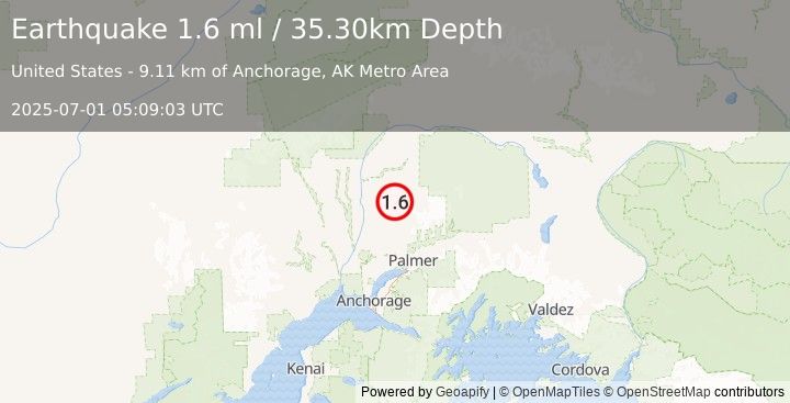Earthquake 19 km E of Susitna North, Alaska (1.6 ml) (2025-07-01 05:09:03 UTC)
