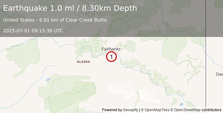 Earthquake 23 km SW of North Pole, Alaska (1.0 ml) (2025-07-01 09:15:36 UTC)