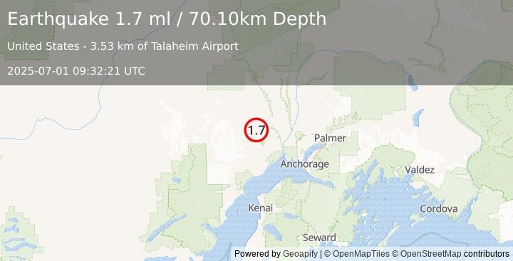 Earthquake 31 km S of Skwentna, Alaska (1.7 ml) (2025-07-01 09:32:21 UTC)