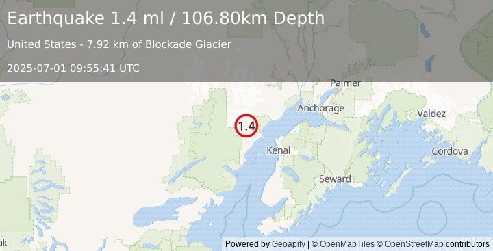 Earthquake 60 km WNW of Nikiski, Alaska (1.4 ml) (2025-07-01 09:55:41 UTC)
