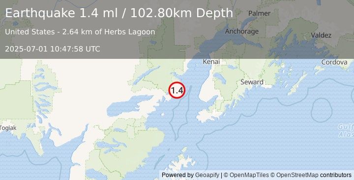 Earthquake 56 km WNW of Anchor Point, Alaska (1.4 ml) (2025-07-01 10:47:58 UTC)