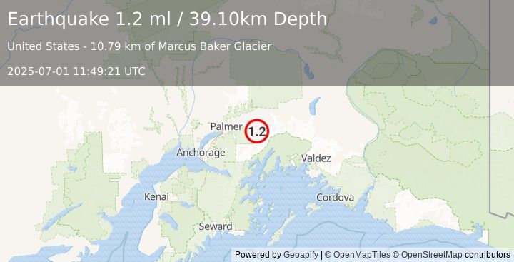 Earthquake 33 km SSE of Chickaloon, Alaska (1.2 ml) (2025-07-01 11:49:21 UTC)