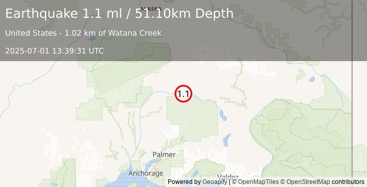 Earthquake 72 km SSE of Cantwell, Alaska (1.1 ml) (2025-07-01 13:39:31 UTC)