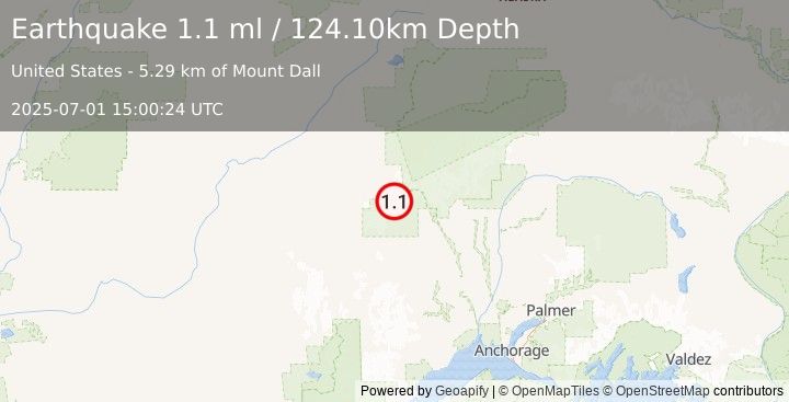 Earthquake 77 km W of Petersville, Alaska (1.1 ml) (2025-07-01 15:00:24 UTC)