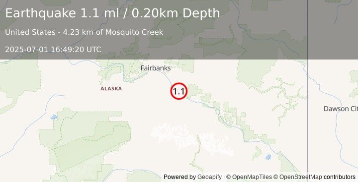 Earthquake 4 km NW of Harding-Birch Lakes, Alaska (1.1 ml) (2025-07-01 16:49:20 UTC)