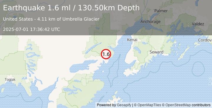 Earthquake 56 km ENE of Pedro Bay, Alaska (1.6 ml) (2025-07-01 17:36:42 UTC)