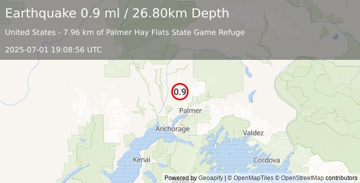 Earthquake 23 km SE of Susitna North, Alaska (0.9 ml) (2025-07-01 19:08:56 UTC)