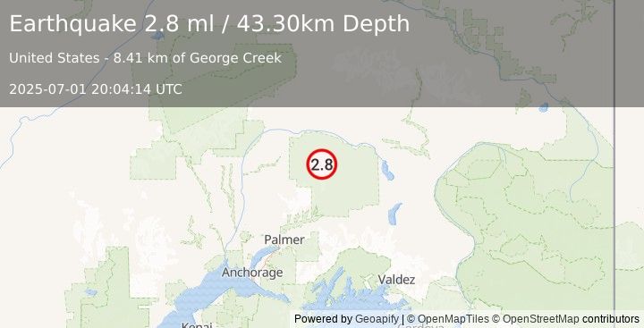 Earthquake 76 km N of Chickaloon, Alaska (2.8 ml) (2025-07-01 20:04:14 UTC)