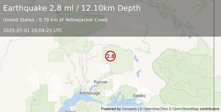 Earthquake 75 km N of Chickaloon, Alaska (2.8 ml) (2025-07-01 20:04:25 UTC)