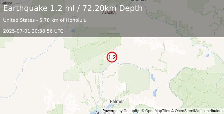 Earthquake 45 km SW of Cantwell, Alaska (1.2 ml) (2025-07-01 20:38:56 UTC)