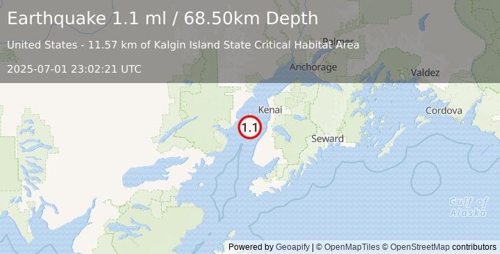 Earthquake 28 km W of Clam Gulch, Alaska (1.1 ml) (2025-07-01 23:02:21 UTC)