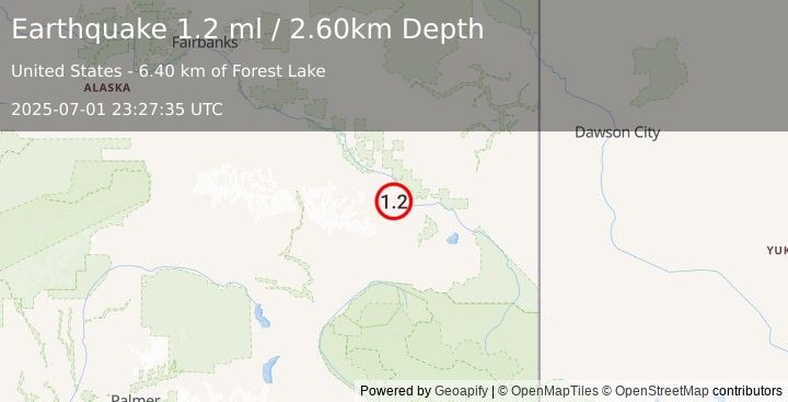 Earthquake 23 km SSE of Dot Lake Village, Alaska (1.2 ml) (2025-07-01 23:27:35 UTC)