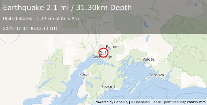 Earthquake 9 km SSW of Knik, Alaska (2.1 ml) (2025-07-02 00:12:11 UTC)