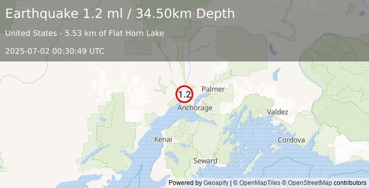 Earthquake 10 km ESE of Susitna, Alaska (1.2 ml) (2025-07-02 00:30:49 UTC)