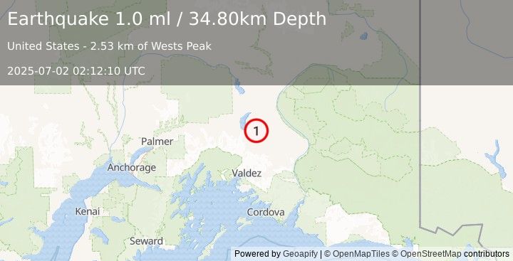 Earthquake 36 km S of Tolsona, Alaska (1.0 ml) (2025-07-02 02:12:10 UTC)