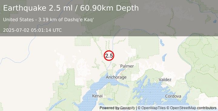 Earthquake 30 km NW of Willow, Alaska (2.5 ml) (2025-07-02 05:01:14 UTC)