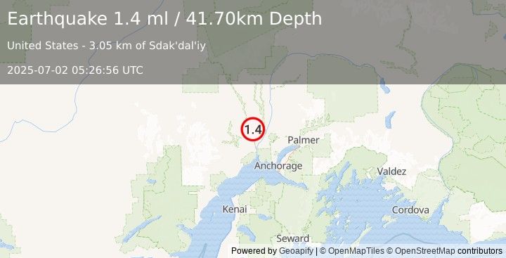 Earthquake 25 km NNW of Susitna, Alaska (1.4 ml) (2025-07-02 05:26:56 UTC)
