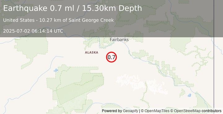 Earthquake 44 km E of Anderson, Alaska (0.7 ml) (2025-07-02 06:14:14 UTC)
