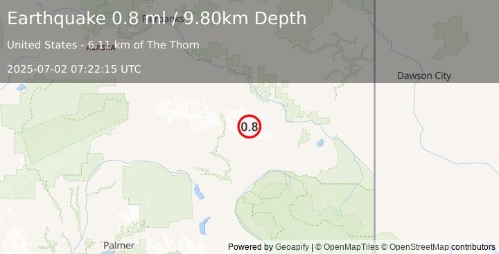 Earthquake 38 km SSW of Dry Creek, Alaska (0.8 ml) (2025-07-02 07:22:15 UTC)