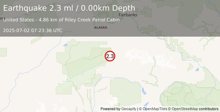 Earthquake 17 km N of Cantwell, Alaska (2.3 ml) (2025-07-02 07:23:36 UTC)
