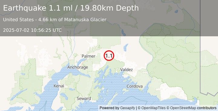 Earthquake 21 km S of Glacier View, Alaska (1.1 ml) (2025-07-02 10:56:25 UTC)