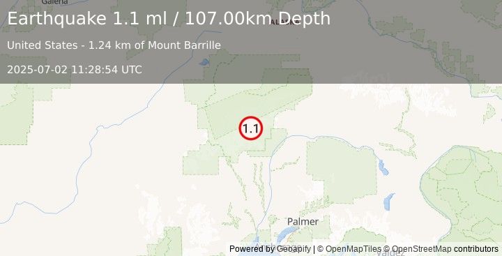 Earthquake 52 km N of Petersville, Alaska (1.1 ml) (2025-07-02 11:28:54 UTC)