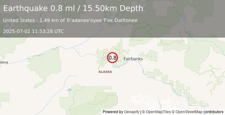 Earthquake 30 km N of Four Mile Road, Alaska (0.8 ml) (2025-07-02 11:53:28 UTC)