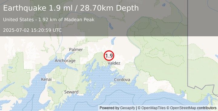 Earthquake 34 km NW of Valdez, Alaska (1.9 ml) (2025-07-02 15:20:59 UTC)