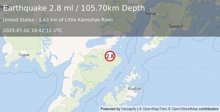 Earthquake 58 km SE of Kokhanok, Alaska (2.8 ml) (2025-07-02 18:42:15 UTC)