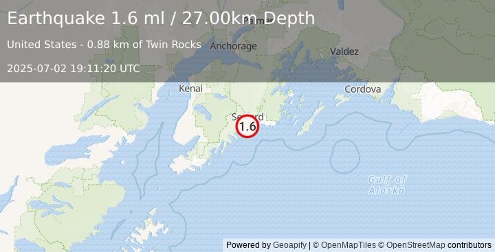 Earthquake 13 km S of Lowell Point, Alaska (1.6 ml) (2025-07-02 19:11:20 UTC)