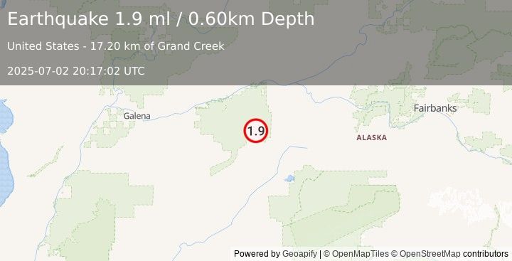 Earthquake 86 km NNW of Lake Minchumina, Alaska (1.9 ml) (2025-07-02 20:17:02 UTC)