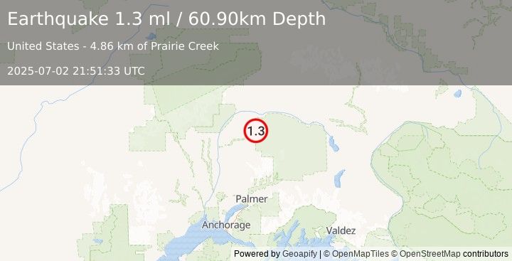 Earthquake 60 km ENE of Chase, Alaska (1.3 ml) (2025-07-02 21:51:33 UTC)