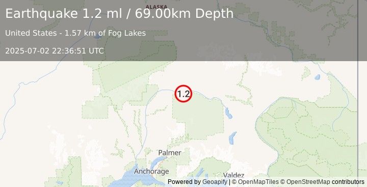 Earthquake 71 km SSE of Cantwell, Alaska (1.2 ml) (2025-07-02 22:36:51 UTC)