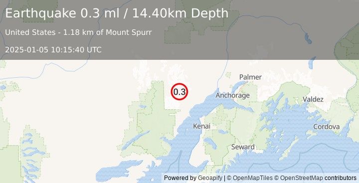 Earthquake 64 km WNW of Tyonek, Alaska (0.3 ml) (2025-01-05 10:15:40 UTC)