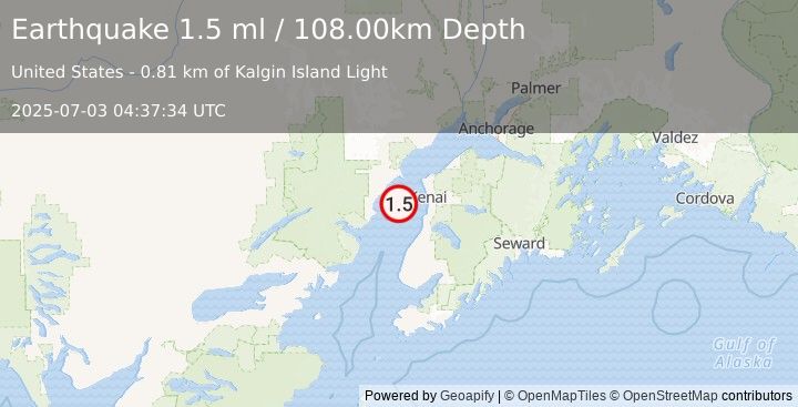 Earthquake 30 km WNW of Kalifornsky, Alaska (1.5 ml) (2025-07-03 04:37:34 UTC)